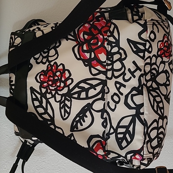 Coach "Daisy" White/Black/Red Floral-Logo Print Fabric Backpack - Picture 11 of 15